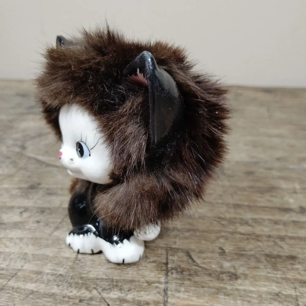 Vintage 50s Sweet Anthropomorphic Black Fuzzy Fur Cat Figurine Kitsch Japan